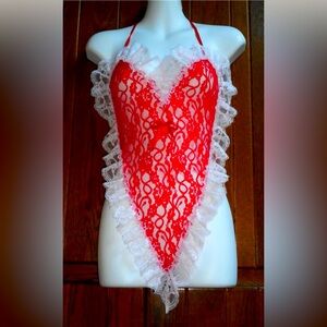Vintage Fantasy Lingerie Red & White Lace Heart Thong Body Suit Teddy One Size